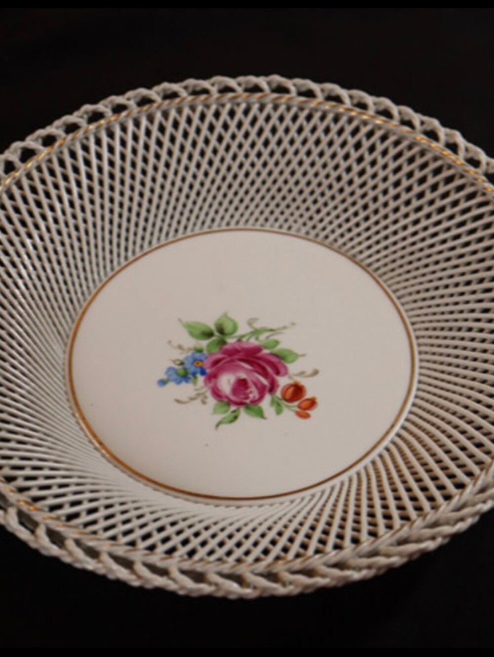 Antique German Von Schierholz Hand Painted Woven Ceramic & Metal Basket-Bowl